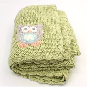 KOALA BABY Owl Blanket Soft Green Knit Scalloped Edge 2014 100% Cotton
